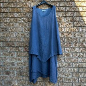 LIN BLANC Italy 100% linen greyish/blue boho midi dress size XXL